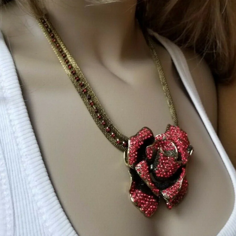 large red rhinestone pave rose flower necklace - Picture 4 of 8